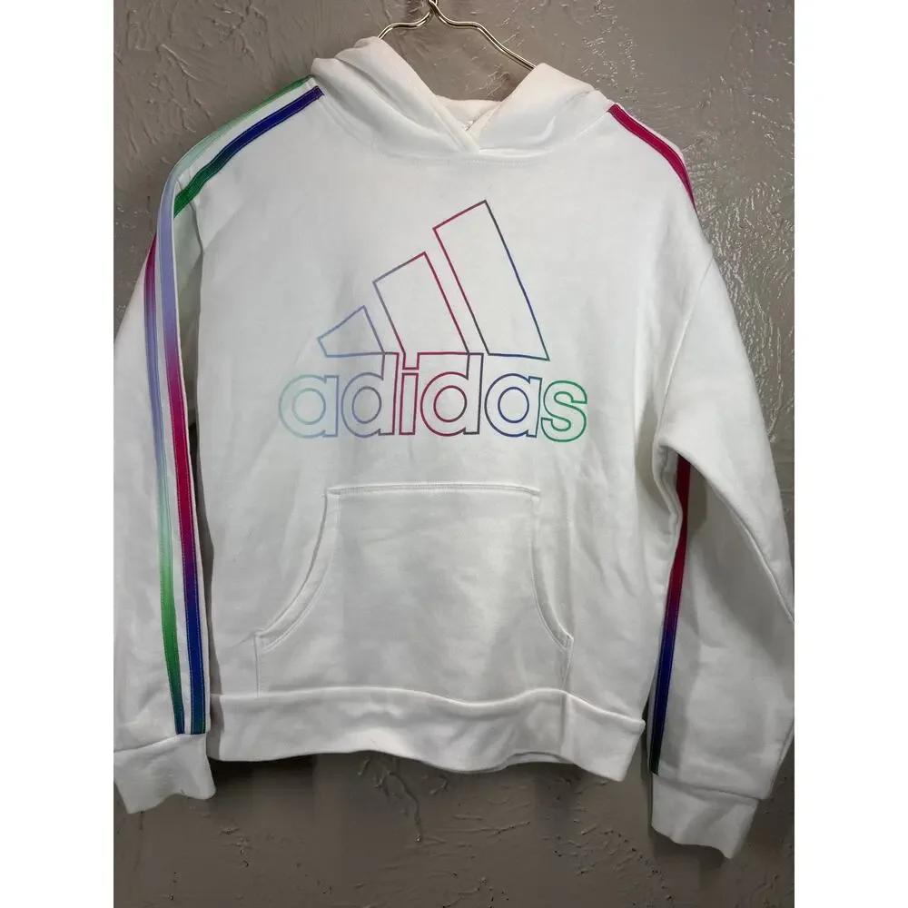 adidas Youth Hoodie White Pullover Rainbow Logo Stripe‎ Sweatshirt Size Large